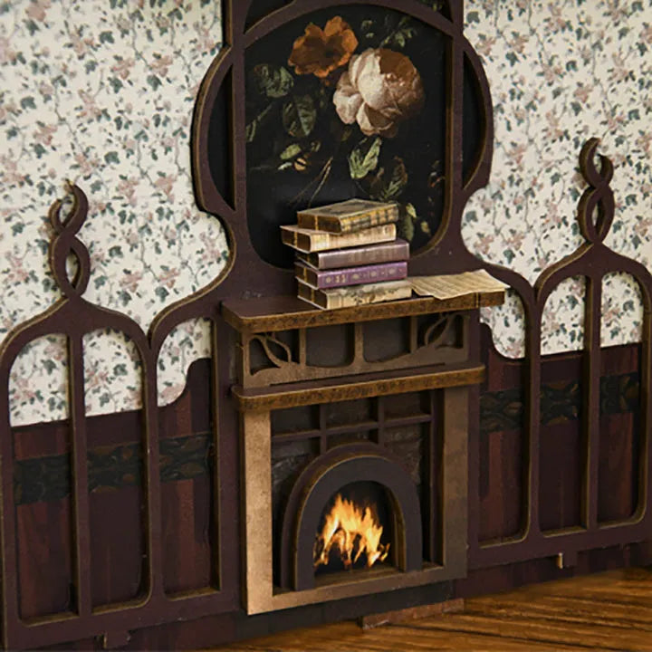 Booknook - Nightingale Harp Room, un kit créatif pour construire un diorama miniature. Parfait pour décorer une bibliothèque ou comme cadeau original pour un amoureux des livres. Par Nookette.