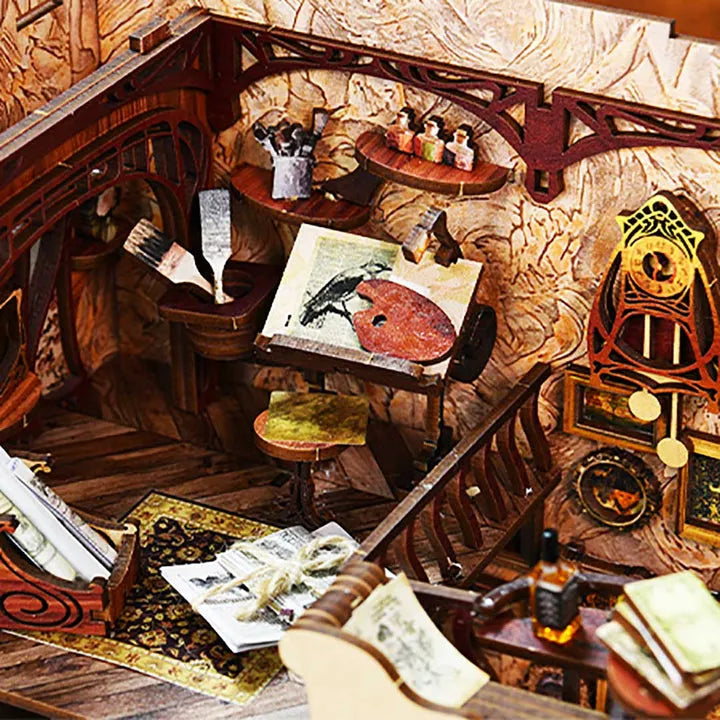 Book Nook - Painter's Day At Dusk, un kit créatif pour construire un diorama miniature. Parfait pour décorer une bibliothèque ou comme cadeau original pour un amoureux des livres. Par Nookette.