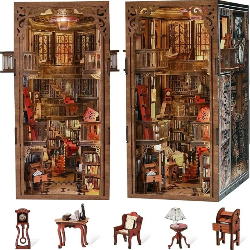 Book Nook - Abbey Library, un kit créatif pour construire un diorama miniature. Parfait pour décorer une bibliothèque ou comme cadeau original pour un amoureux des livres. Par Nookette.