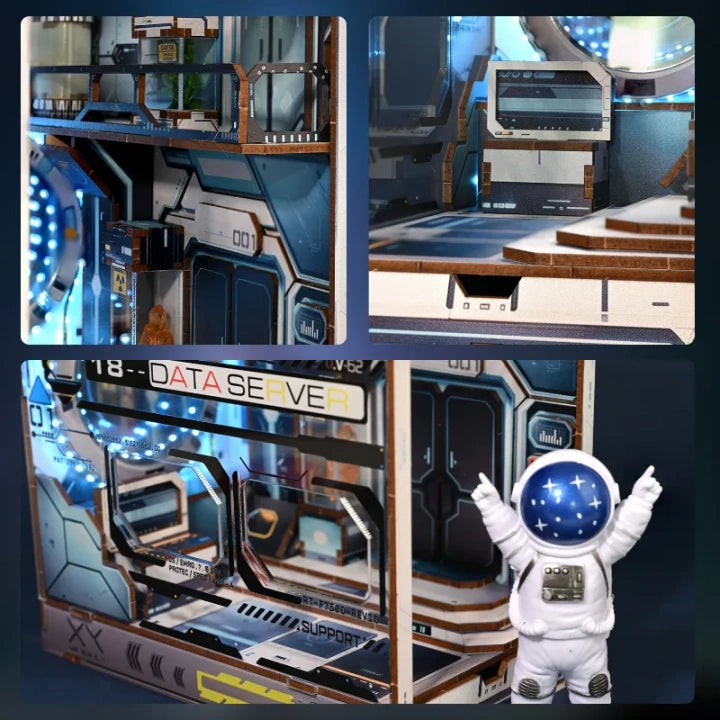 Book Nook - Alien Hub, un kit créatif pour construire un diorama miniature. Parfait pour décorer une bibliothèque ou comme cadeau original pour un amoureux des livres. Par Nookette.
