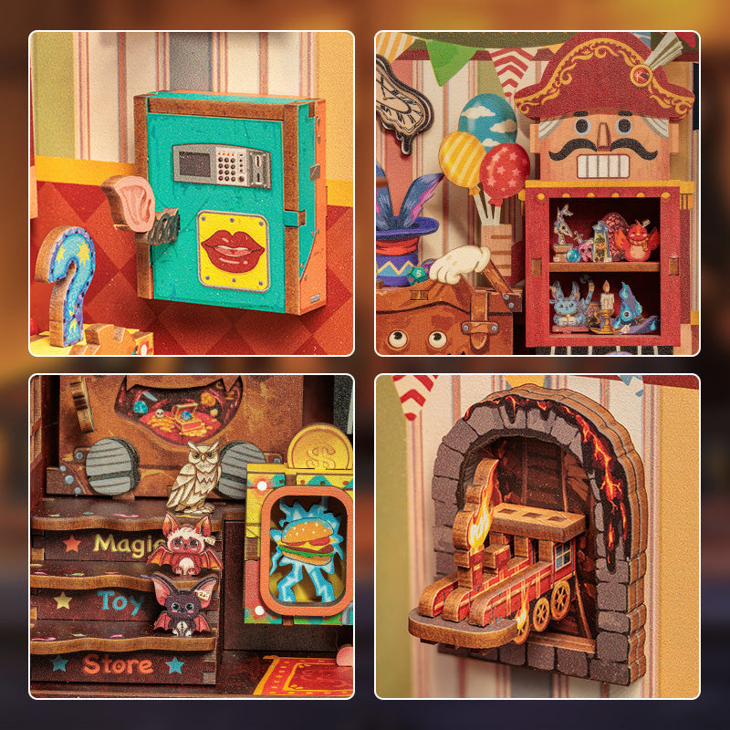 Book Nook - Amazing Toys Store, un kit créatif pour construire un diorama miniature. Parfait pour décorer une bibliothèque ou comme cadeau original pour un amoureux des livres. Par Nookette.