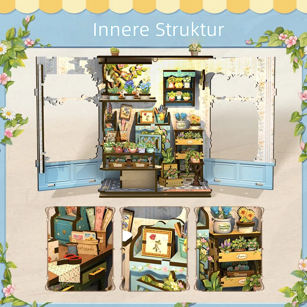 Book Nook - Anna's Blue Blossom, un kit créatif pour construire un diorama miniature. Parfait pour décorer une bibliothèque ou comme cadeau original pour un amoureux des livres. Par Nookette.
