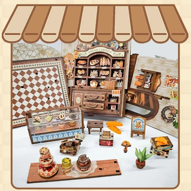 Book Nook - Bear Bakery, un kit créatif pour construire un diorama miniature. Parfait pour décorer une bibliothèque ou comme cadeau original pour un amoureux des livres. Par Nookette.