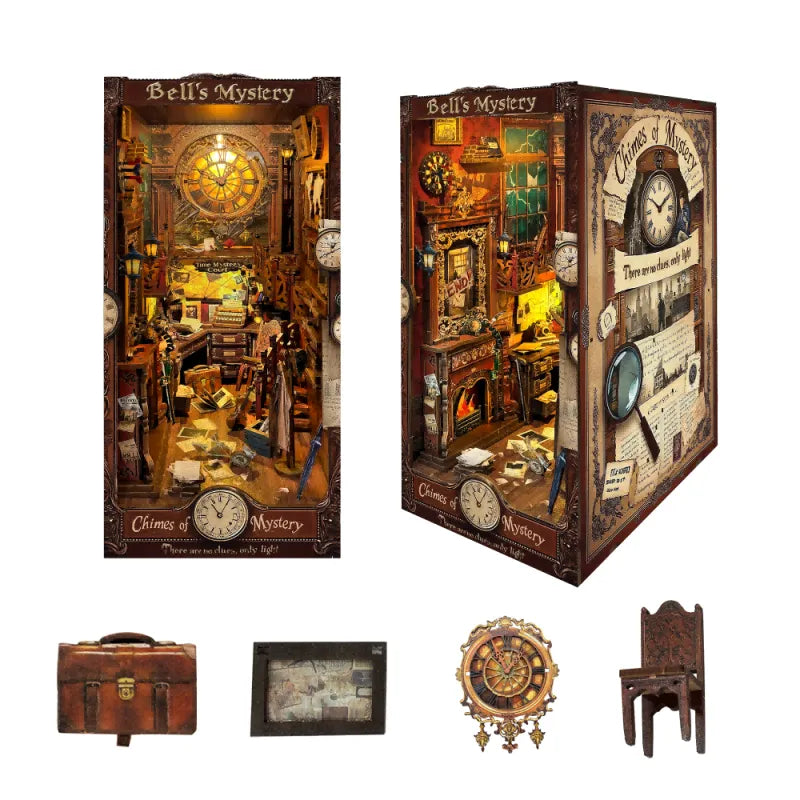 Book Nook - Bell's Mystery, un kit créatif pour construire un diorama miniature. Parfait pour décorer une bibliothèque ou comme cadeau original pour un amoureux des livres. Par Nookette.