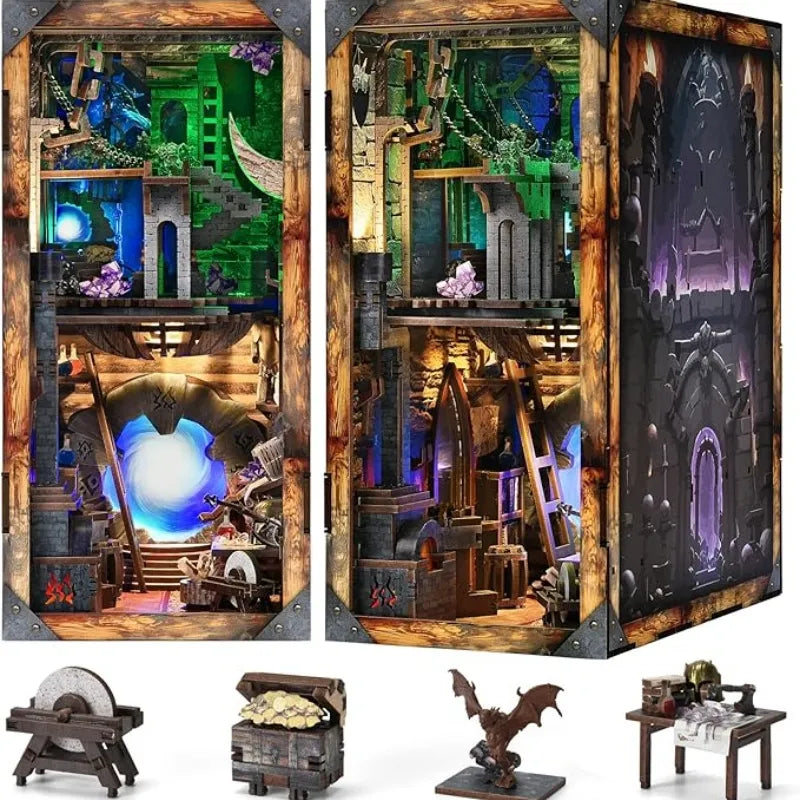 Book Nook - Blade and Magic, un kit créatif pour construire un diorama miniature. Parfait pour décorer une bibliothèque ou comme cadeau original pour un amoureux des livres. Par Nookette.