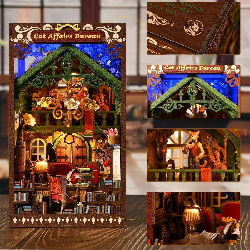 Book Nook - Cat Affairs Bureau, un kit créatif pour construire un diorama miniature. Parfait pour décorer une bibliothèque ou comme cadeau original pour un amoureux des livres. Par Nookette.