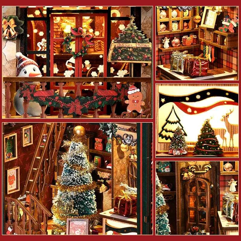 Book Nook - Christmas Shop, un kit créatif pour construire un diorama miniature. Parfait pour décorer une bibliothèque ou comme cadeau original pour un amoureux des livres. Par Nookette.