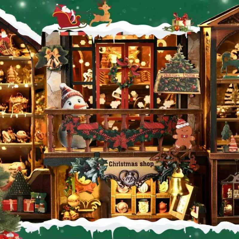 Book Nook - Christmas Shop, un kit créatif pour construire un diorama miniature. Parfait pour décorer une bibliothèque ou comme cadeau original pour un amoureux des livres. Par Nookette.