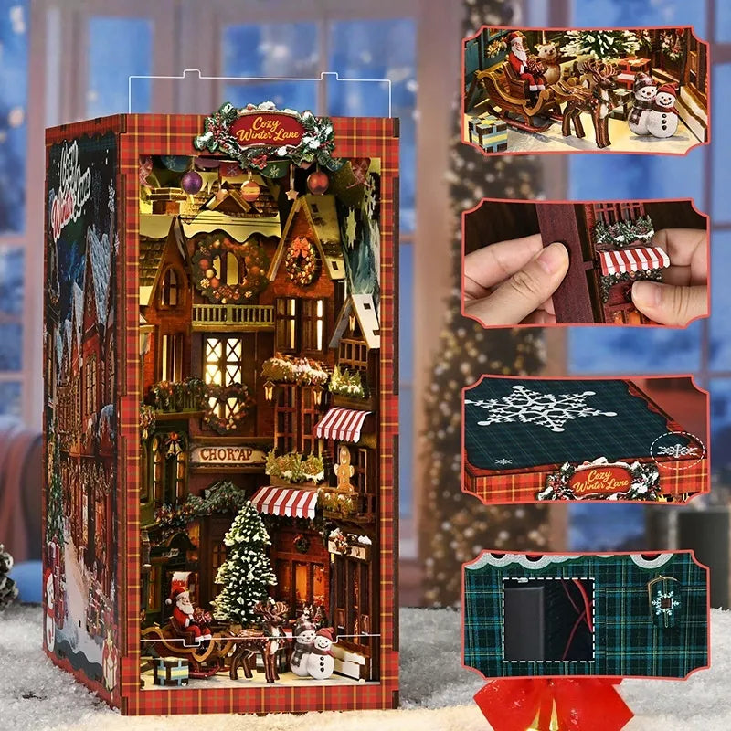 Book Nook - Christmas Street Corner, un kit créatif pour construire un diorama miniature. Parfait pour décorer une bibliothèque ou comme cadeau original pour un amoureux des livres. Par Nookette.
