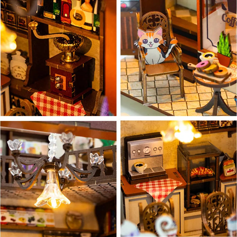 Book Nook - Coffee House, un kit créatif pour construire un diorama miniature. Parfait pour décorer une bibliothèque ou comme cadeau original pour un amoureux des livres. Par Nookette.
