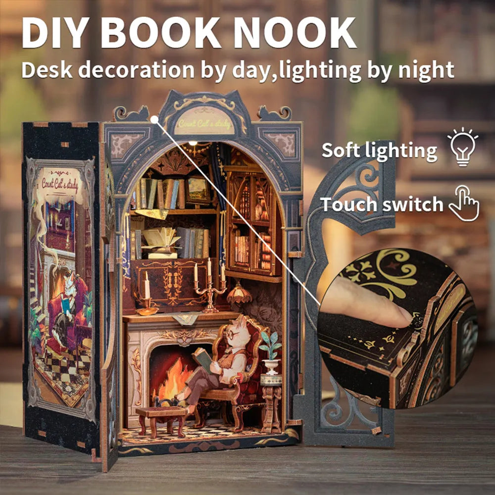 Book Nook - Count Cat's Study, un kit créatif pour construire un diorama miniature. Parfait pour décorer une bibliothèque ou comme cadeau original pour un amoureux des livres. Par Nookette.