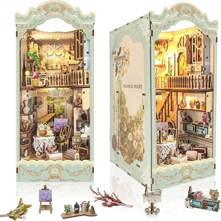 Book Nook - Countryside Diary, un kit créatif pour construire un diorama miniature. Parfait pour décorer une bibliothèque ou comme cadeau original pour un amoureux des livres. Par Nookette.