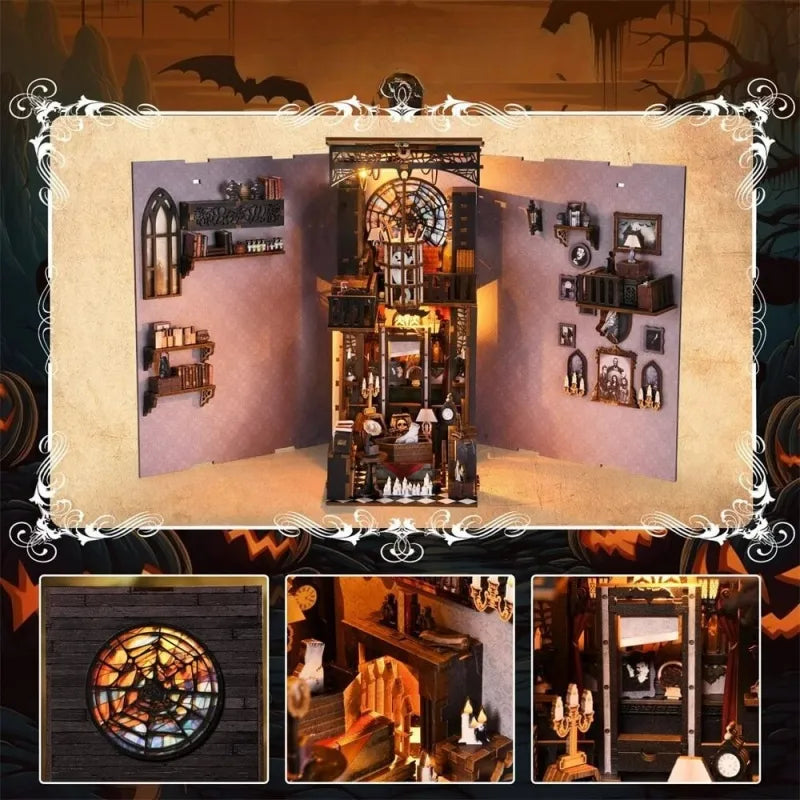 Book Nook - Dark Family, un kit créatif pour construire un diorama miniature. Parfait pour décorer une bibliothèque ou comme cadeau original pour un amoureux des livres. Par Nookette.