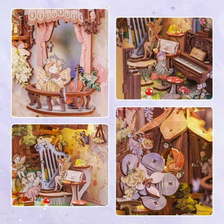 Book Nook - Flower Forest Concert, un kit créatif pour construire un diorama miniature. Parfait pour décorer une bibliothèque ou comme cadeau original pour un amoureux des livres. Par Nookette.