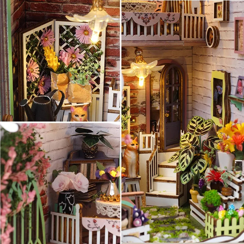 Book Nook - Flower House, un kit créatif pour construire un diorama miniature. Parfait pour décorer une bibliothèque ou comme cadeau original pour un amoureux des livres. Par Nookette.