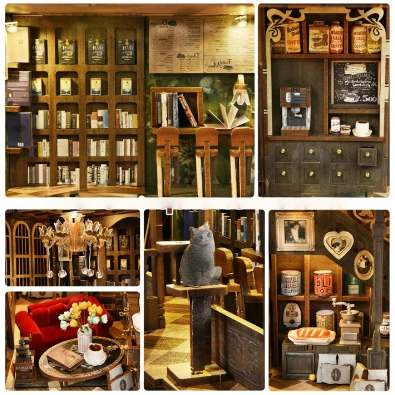 Book Nook - Four Seasons Coffee, un kit créatif pour construire un diorama miniature. Parfait pour décorer une bibliothèque ou comme cadeau original pour un amoureux des livres. Par Nookette.