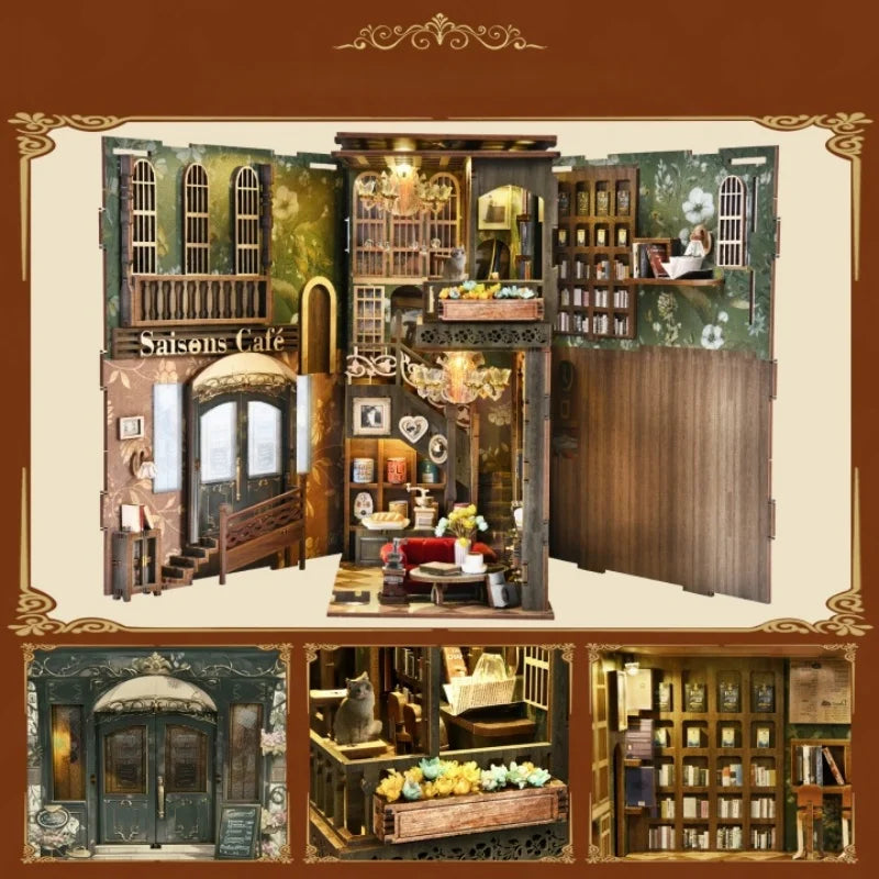 Book Nook - Four Seasons Coffee, un kit créatif pour construire un diorama miniature. Parfait pour décorer une bibliothèque ou comme cadeau original pour un amoureux des livres. Par Nookette.