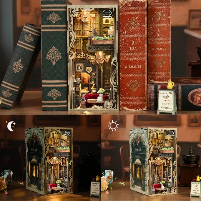 Book Nook - Four Seasons Coffee, un kit créatif pour construire un diorama miniature. Parfait pour décorer une bibliothèque ou comme cadeau original pour un amoureux des livres. Par Nookette.