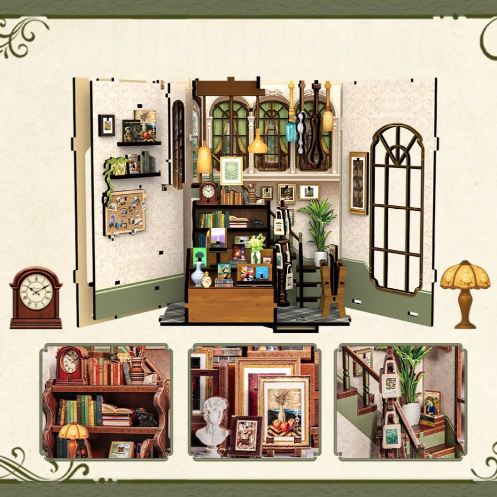 Book Nook - Gallery Bookstore, un kit créatif pour construire un diorama miniature. Parfait pour décorer une bibliothèque ou comme cadeau original pour un amoureux des livres. Par Nookette.