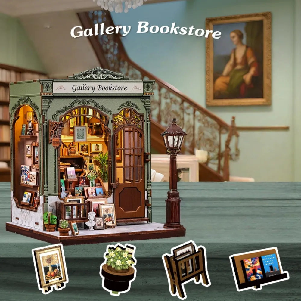 Book Nook - Gallery Bookstore, un kit créatif pour construire un diorama miniature. Parfait pour décorer une bibliothèque ou comme cadeau original pour un amoureux des livres. Par Nookette.