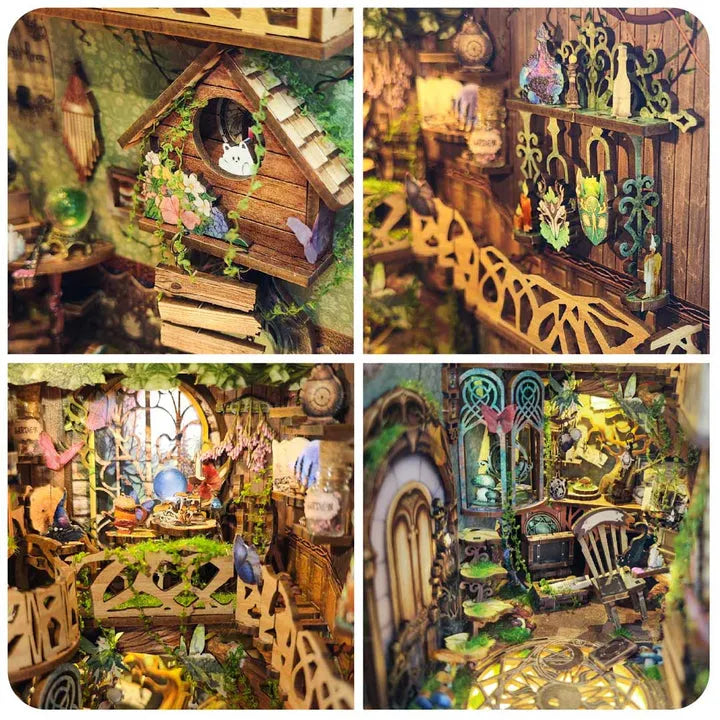 Book Nook - Green Fairyland, un kit créatif pour construire un diorama miniature. Parfait pour décorer une bibliothèque ou comme cadeau original pour un amoureux des livres. Par Nookette.