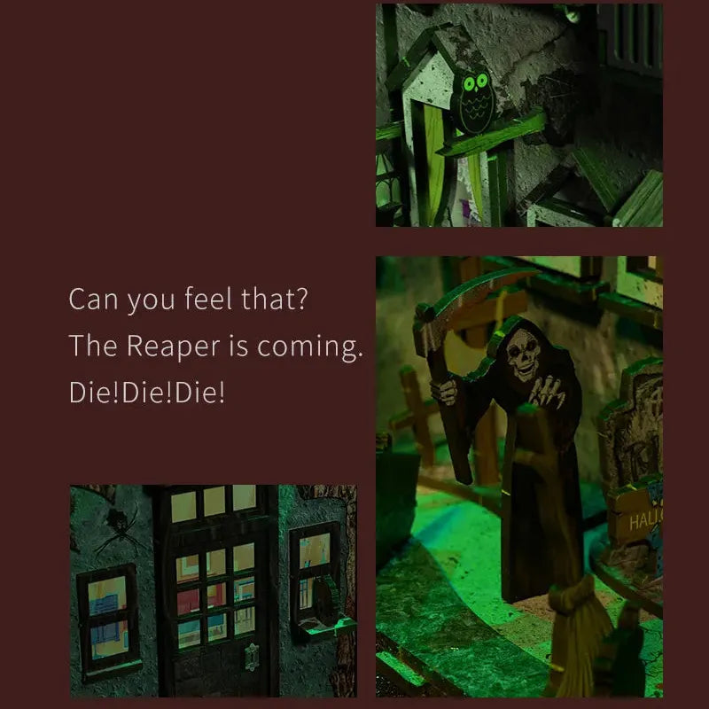 Booknook - Halloween Alley, un kit créatif pour construire un diorama miniature. Parfait pour décorer une bibliothèque ou comme cadeau original pour un amoureux des livres. Par Nookette.