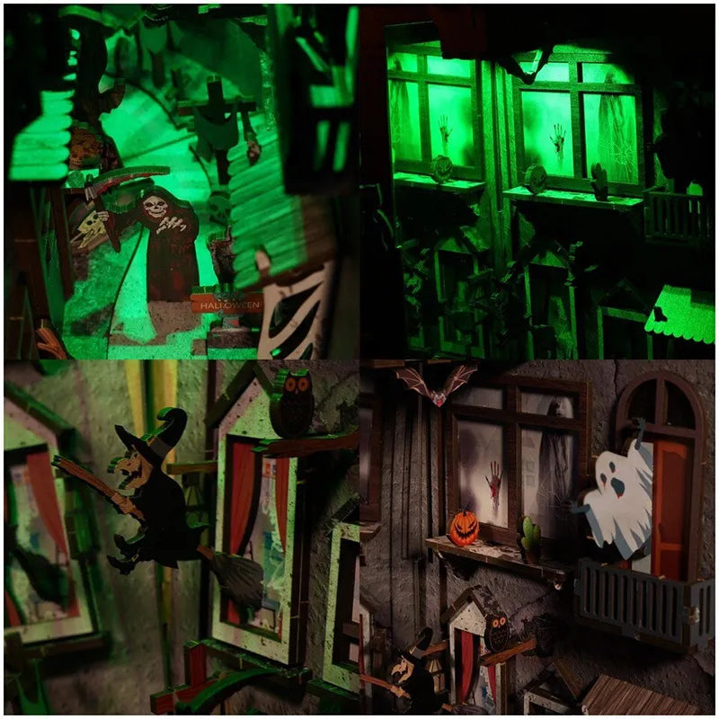 Booknook - Halloween Alley, un kit créatif pour construire un diorama miniature. Parfait pour décorer une bibliothèque ou comme cadeau original pour un amoureux des livres. Par Nookette.