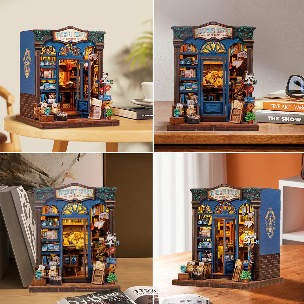 Book Nook - Journey Trace Bookshop, un kit créatif pour construire un diorama miniature. Parfait pour décorer une bibliothèque ou comme cadeau original pour un amoureux des livres. Par Nookette.