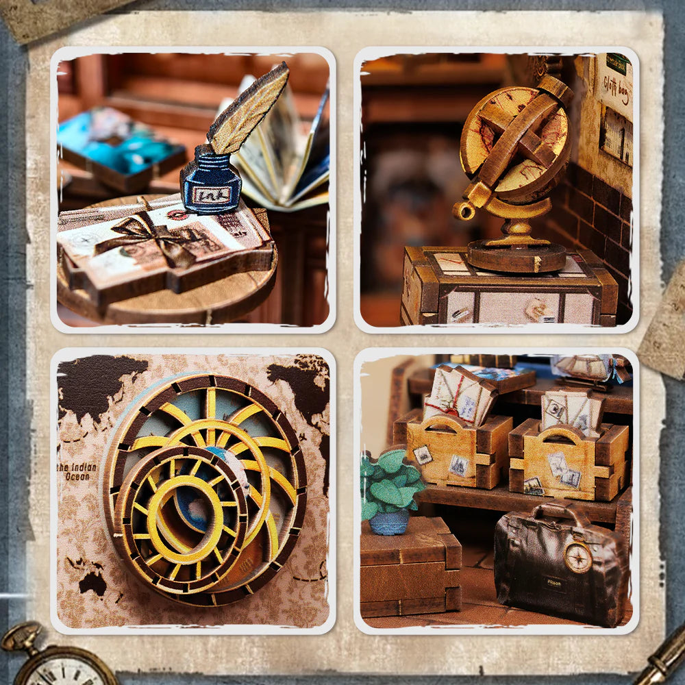 Book Nook - Journey Trace Bookshop, un kit créatif pour construire un diorama miniature. Parfait pour décorer une bibliothèque ou comme cadeau original pour un amoureux des livres. Par Nookette.