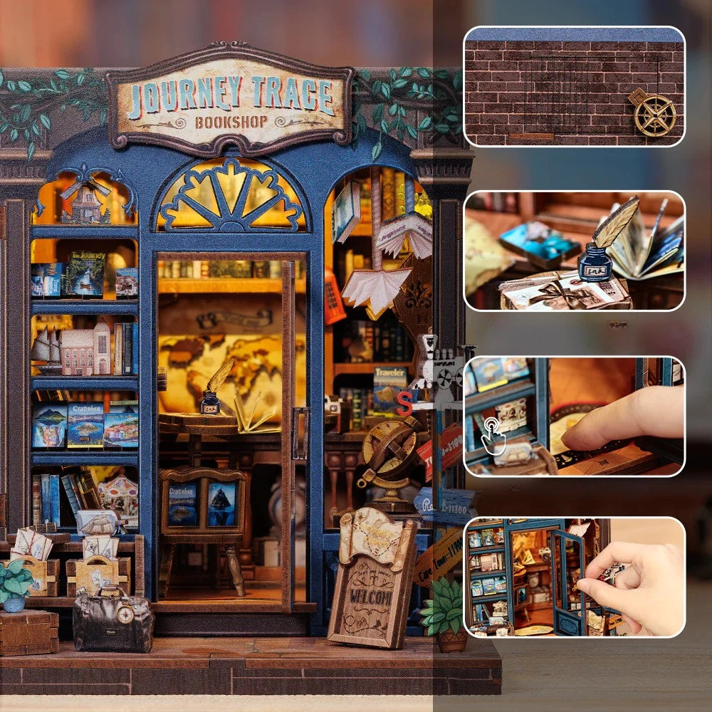 Book Nook - Journey Trace Bookshop, un kit créatif pour construire un diorama miniature. Parfait pour décorer une bibliothèque ou comme cadeau original pour un amoureux des livres. Par Nookette.