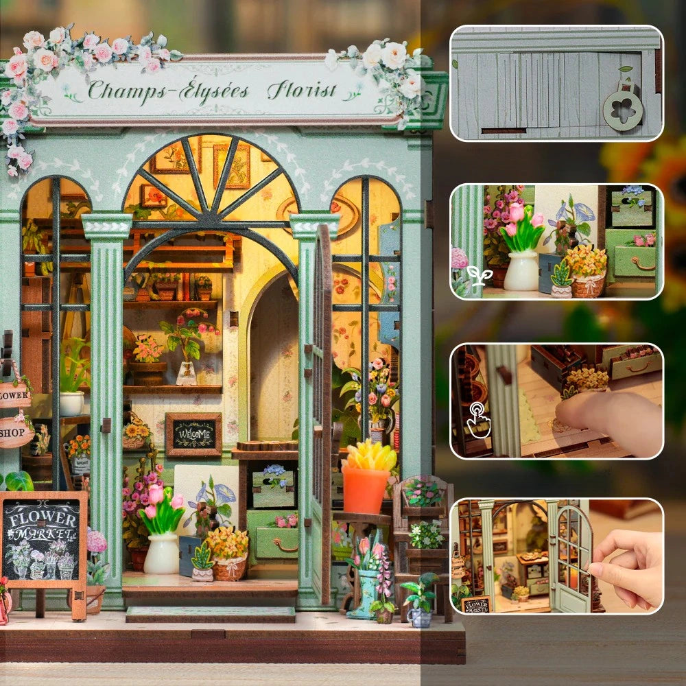 Book Nook - Champs Élysées Florist, un kit créatif pour construire un diorama miniature. Parfait pour décorer une bibliothèque ou comme cadeau original pour un amoureux des livres. Par Nookette.
