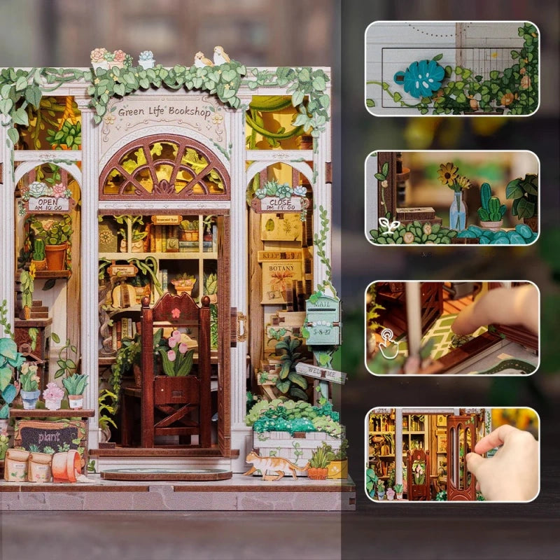 Book Nook - Green Life Bookshop, un kit créatif pour construire un diorama miniature. Parfait pour décorer une bibliothèque ou comme cadeau original pour un amoureux des livres. Par Nookette.