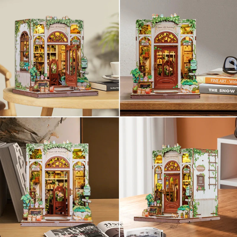 Book Nook - Green Life Bookshop, un kit créatif pour construire un diorama miniature. Parfait pour décorer une bibliothèque ou comme cadeau original pour un amoureux des livres. Par Nookette.