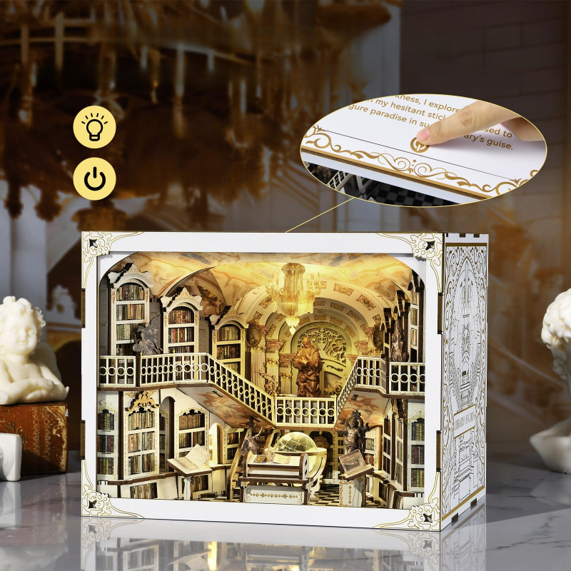 Book Nook - Library of Gods Max, un kit créatif pour construire un diorama miniature. Parfait pour décorer une bibliothèque ou comme cadeau original pour un amoureux des livres. Par Nookette.