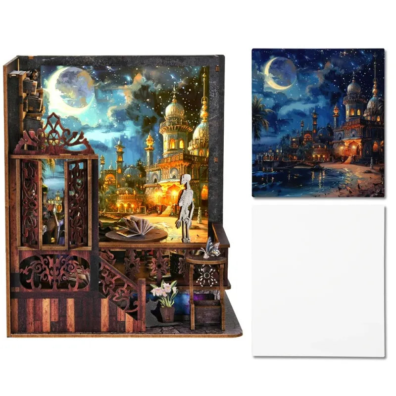 Book Nook - Magic Exploration, un kit créatif pour construire un diorama miniature. Parfait pour décorer une bibliothèque ou comme cadeau original pour un amoureux des livres. Par Nookette.