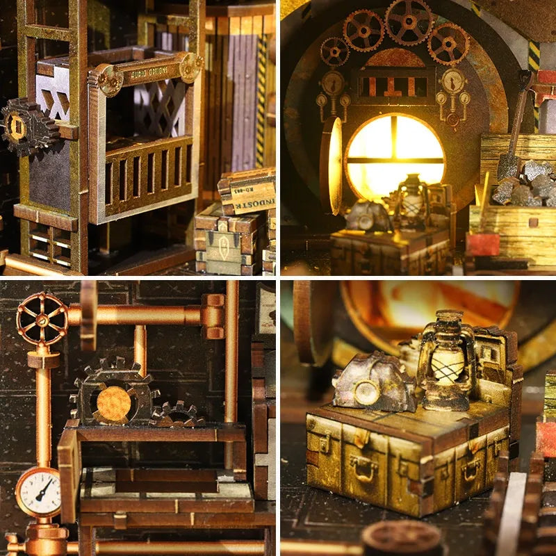 Book Nook - Mechanical Rhythm, un kit créatif pour construire un diorama miniature. Parfait pour décorer une bibliothèque ou comme cadeau original pour un amoureux des livres. Par Nookette.