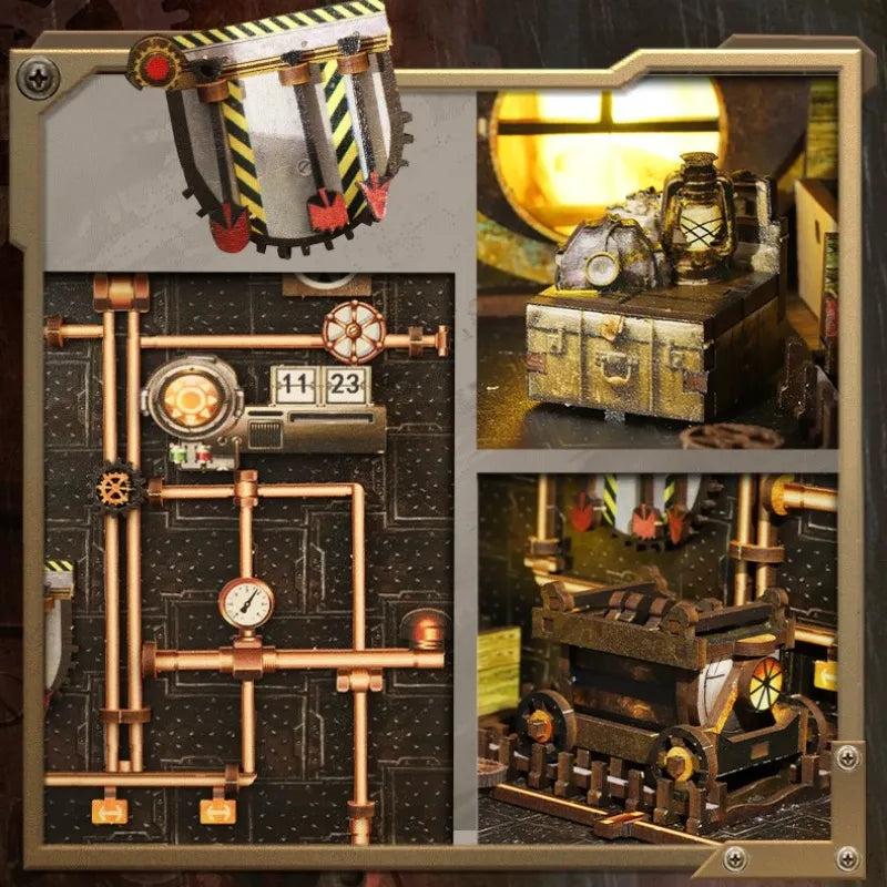 Book Nook - Mechanical Rhythm, un kit créatif pour construire un diorama miniature. Parfait pour décorer une bibliothèque ou comme cadeau original pour un amoureux des livres. Par Nookette.
