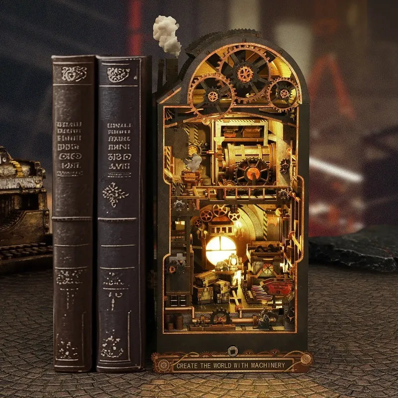Book Nook - Mechanical Rhythm, un kit créatif pour construire un diorama miniature. Parfait pour décorer une bibliothèque ou comme cadeau original pour un amoureux des livres. Par Nookette.