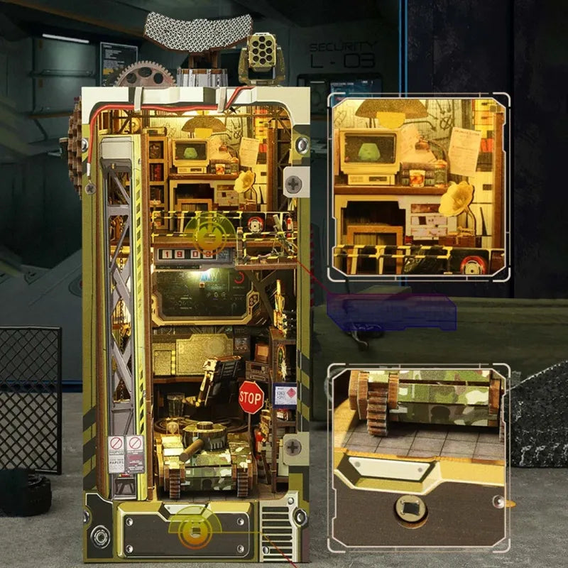 Book Nook - Military Base, un kit créatif pour construire un diorama miniature. Parfait pour décorer une bibliothèque ou comme cadeau original pour un amoureux des livres. Par Nookette.