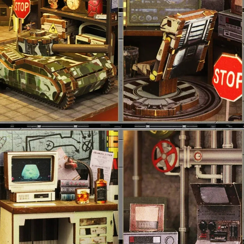 Book Nook - Military Base, un kit créatif pour construire un diorama miniature. Parfait pour décorer une bibliothèque ou comme cadeau original pour un amoureux des livres. Par Nookette.