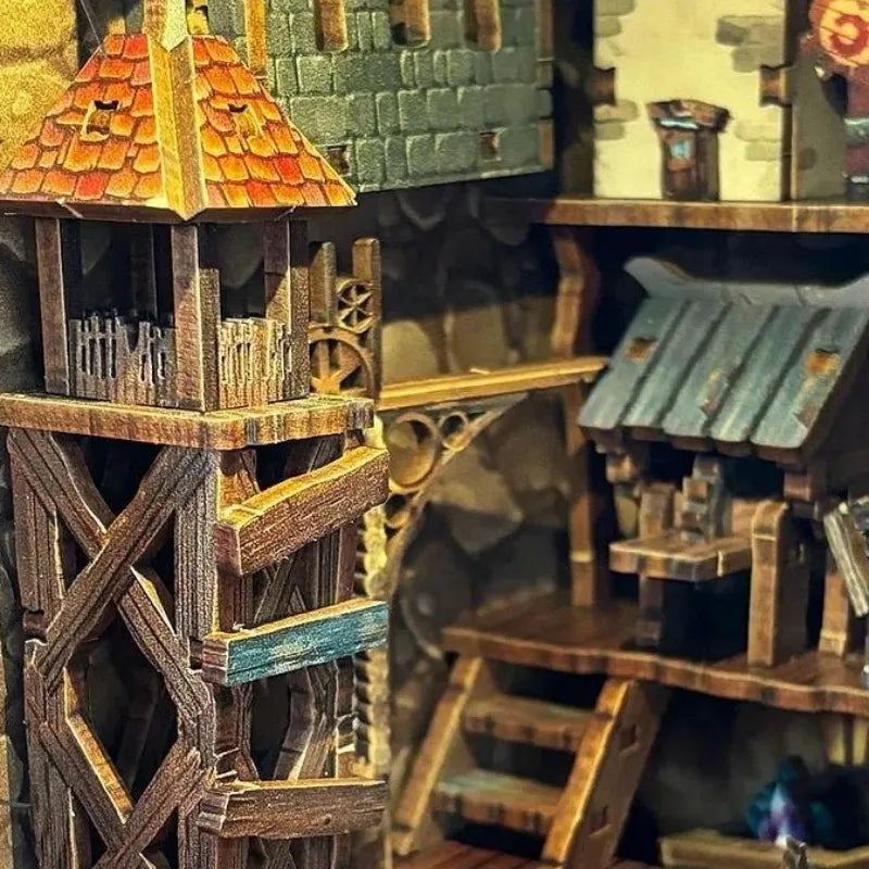Book Nook - Mining Zone Fortress, un kit créatif pour construire un diorama miniature. Parfait pour décorer une bibliothèque ou comme cadeau original pour un amoureux des livres. Par Nookette.