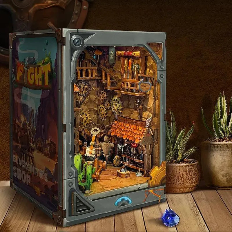 Book Nook - Mining Zone Fortress, un kit créatif pour construire un diorama miniature. Parfait pour décorer une bibliothèque ou comme cadeau original pour un amoureux des livres. Par Nookette.