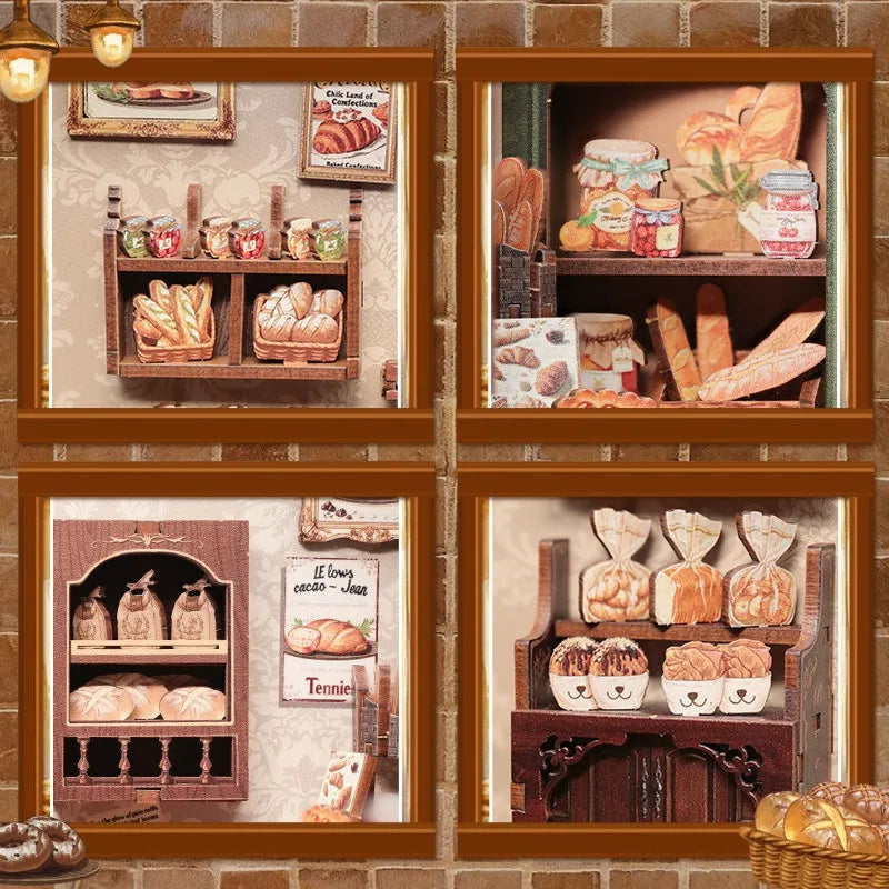 Maison Miniature - Mrs. Hunt Bakery, un kit créatif pour construire un diorama miniature. Parfait pour décorer une bibliothèque ou comme cadeau original pour un amoureux des livres. Par Nookette.