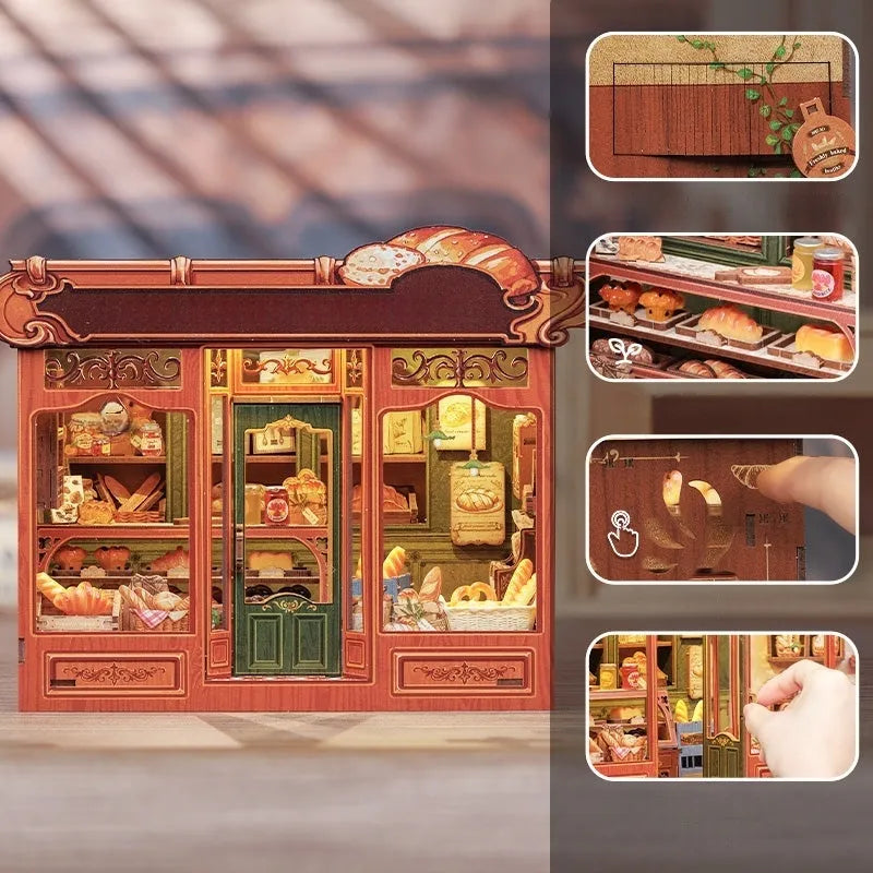 Maison Miniature - Mrs. Hunt Bakery, un kit créatif pour construire un diorama miniature. Parfait pour décorer une bibliothèque ou comme cadeau original pour un amoureux des livres. Par Nookette.