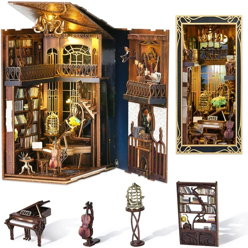 Booknook - Nightingale Harp Room, un kit créatif pour construire un diorama miniature. Parfait pour décorer une bibliothèque ou comme cadeau original pour un amoureux des livres. Par Nookette.