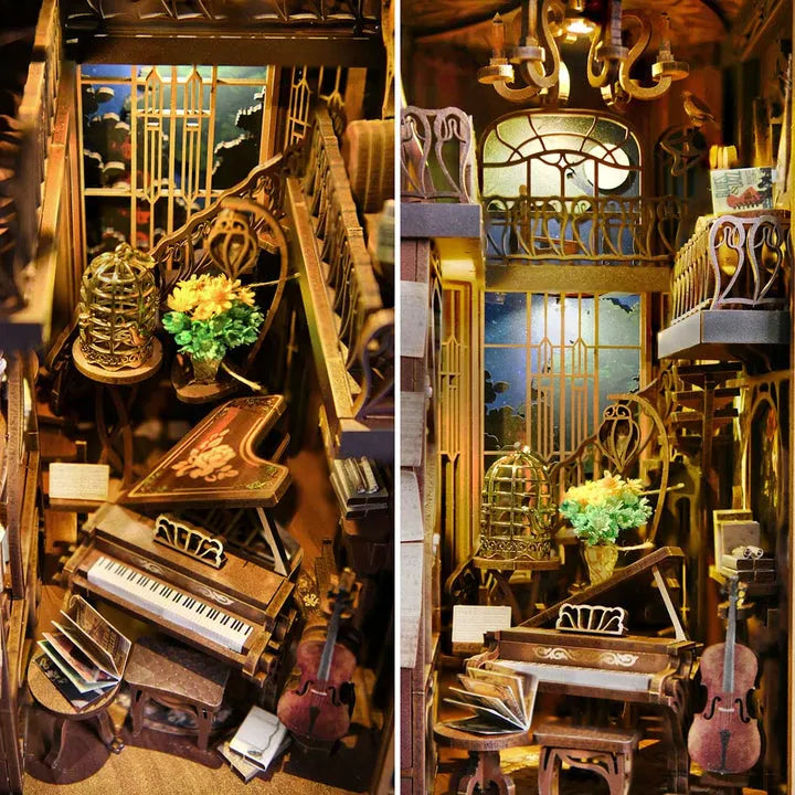 Booknook - Nightingale Harp Room, un kit créatif pour construire un diorama miniature. Parfait pour décorer une bibliothèque ou comme cadeau original pour un amoureux des livres. Par Nookette.