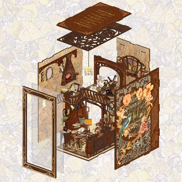 Book Nook - Painter's Day At Dusk, un kit créatif pour construire un diorama miniature. Parfait pour décorer une bibliothèque ou comme cadeau original pour un amoureux des livres. Par Nookette.