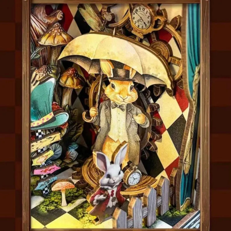 Book Nook - Puppet’s Adventure, un kit créatif pour construire un diorama miniature. Parfait pour décorer une bibliothèque ou comme cadeau original pour un amoureux des livres. Par Nookette.