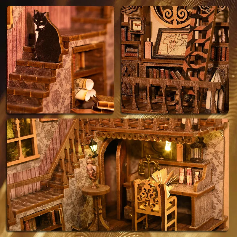 Book Nook - Scholar’s Dream, un kit créatif pour construire un diorama miniature. Parfait pour décorer une bibliothèque ou comme cadeau original pour un amoureux des livres. Par Nookette.