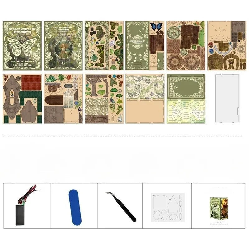 Book Nook - Secret World Of The Forest, un kit créatif pour construire un diorama miniature. Parfait pour décorer une bibliothèque ou comme cadeau original pour un amoureux des livres. Par Nookette.